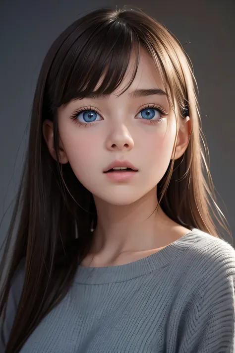 looking at the audience, Cinema lighting, perfect, soft light, High resolution skin:1.2, Realistic skin texture, 18 years old girl、graceful beautiful face, an Europian face、No makeup,blue sad eyes, dark brown hair、hair parted in the middle, open mouth, gra...