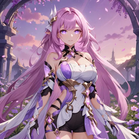 Masterpiece,very aesthetic,1girl,elysia (herrscher of human:ego) (honkai impact),pink hair,purple eyes,pointed ears,white clothes,highly detailed,digital painting,elysian realm,illustrated by Ayami Kojima and Karol Bak and criin,glowing pink petals,anime f...