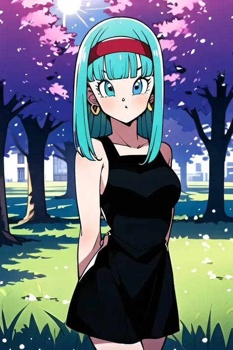 (masterpiece:1.2),( high quality:1.1), bulla,pout, long hair, straight hair,bangs, aqua hair, blue eyes, mascara, red hairband, earrings, black bodycon dress, sleeveless, city park, trees, grass, sunshine, (looking at viewer, Bend forward:1.1),, medium bre...