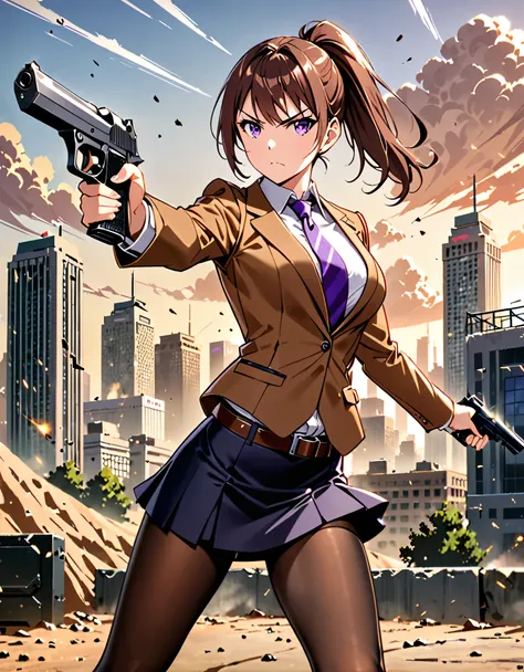 masterpiece, best quality, highres, 1girl, aiming and firing pistol, brown_hair, short hair, ponytail, finger_on_trigger, gun, l...