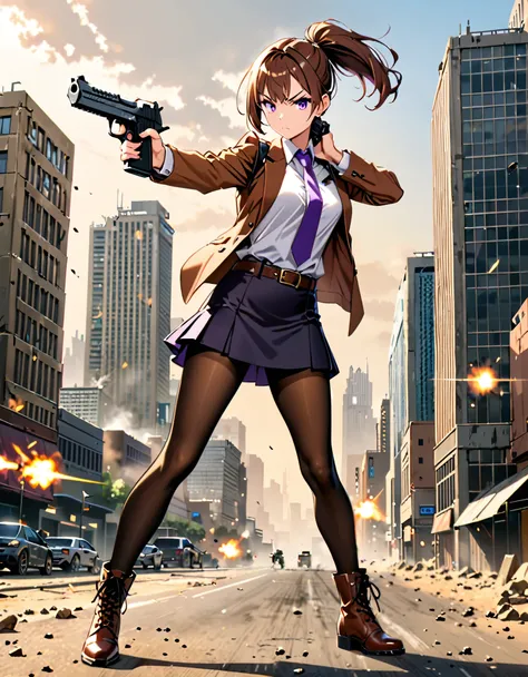 masterpiece, best quality, highres, 1girl, aiming and firing pistol, brown_hair, short hair, ponytail, finger_on_trigger, gun, l...