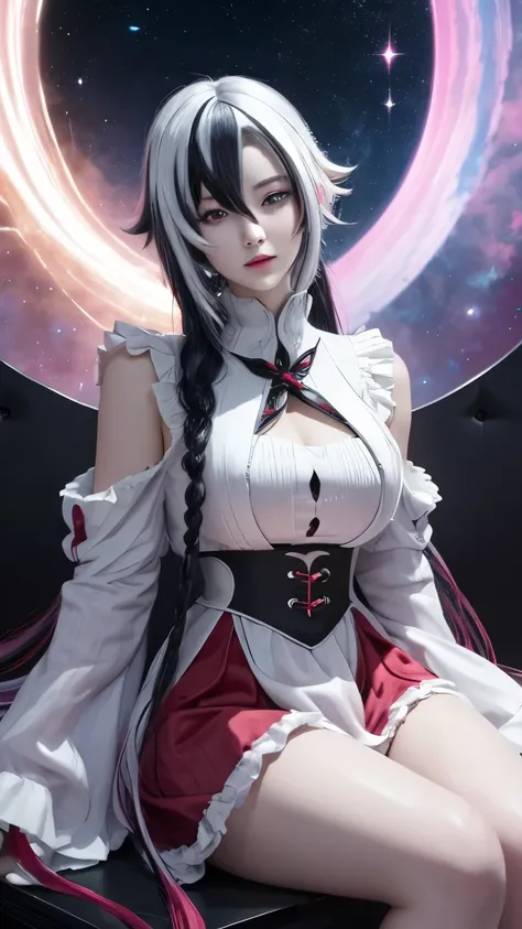 4k ultra high definition，masterpiece，Girl with magic halo，White hair，Black Hair，Colorful Hair，short hair，Straight Hair，Long braids，Glowing red eyes，Red X pupil，Wearing pink lolita clothes，The aura around the body，Magical effect，Spread white light，Cosmic el...