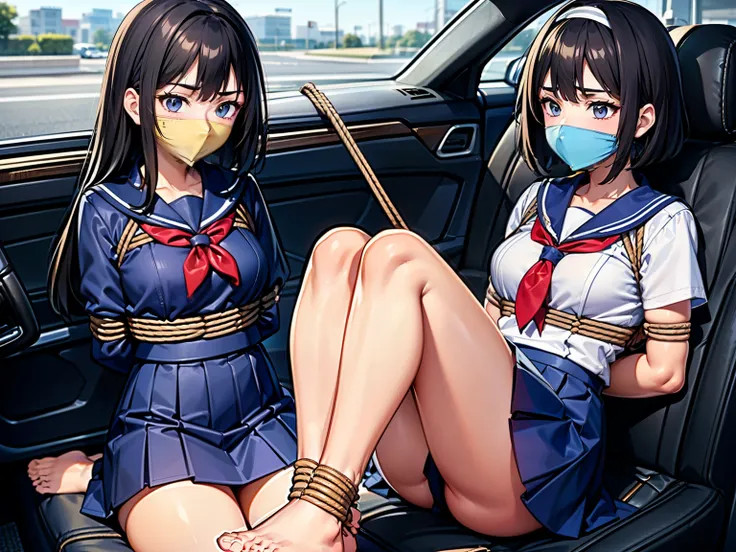 chyuri, otn, two high school girls tied up and confined in a car、(highly detailed cg unity 8k), (highest quality)，(very detailed...