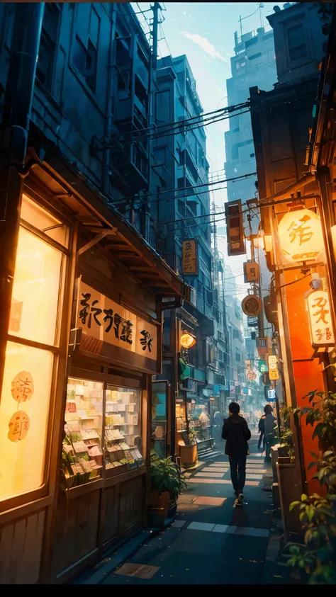 anime shop with a sign and a store front with a lot of plants, anime background art, tokyo - esque town, convenience store, high...