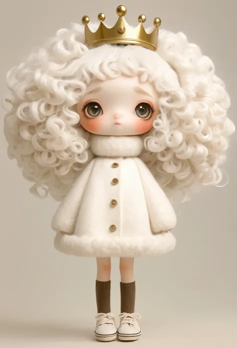 (masterpiece, best quality:1.2), 1 girl, solitary, large rectangular head，big eyes，white curly hair，felt clothing，crown，long leg...