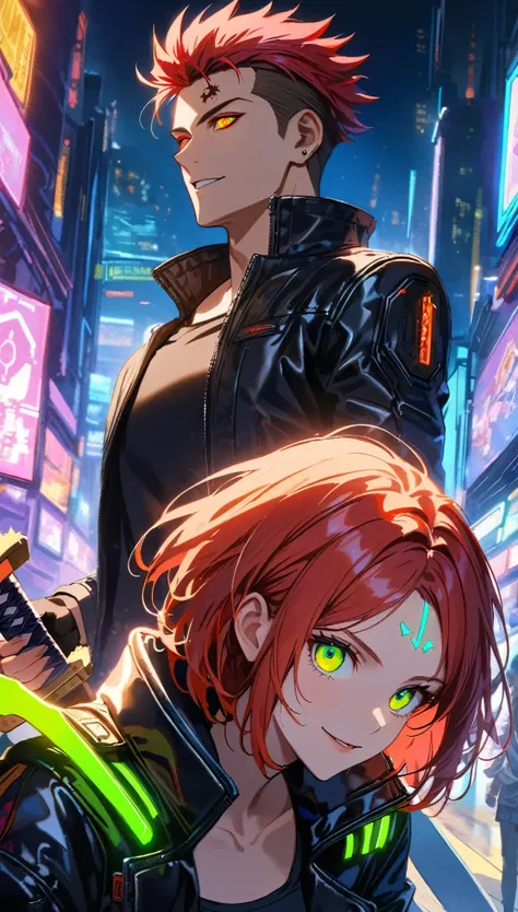 two persons, A man and a girl , man with short hair spiky upwards with some strands falling on the forehead holding a perfect neon katana wearing a leather white jacket and black t shirt, stand and confident pose, confidente smile, cyberpunk, night, finger...