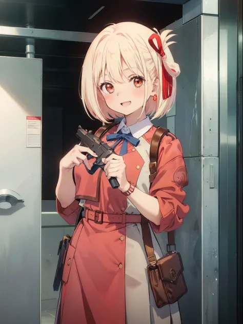 Chisato Nishikigi、Good looking girl (Short blonde hair with square bangs, Big Red Eyes, Red ribbon,blush, Perfect Face), independent , looking at the camera, masterpiece, Anime art style, Cute Characters, Most detailed, high quality、Nico Nico Smile、He has ...
