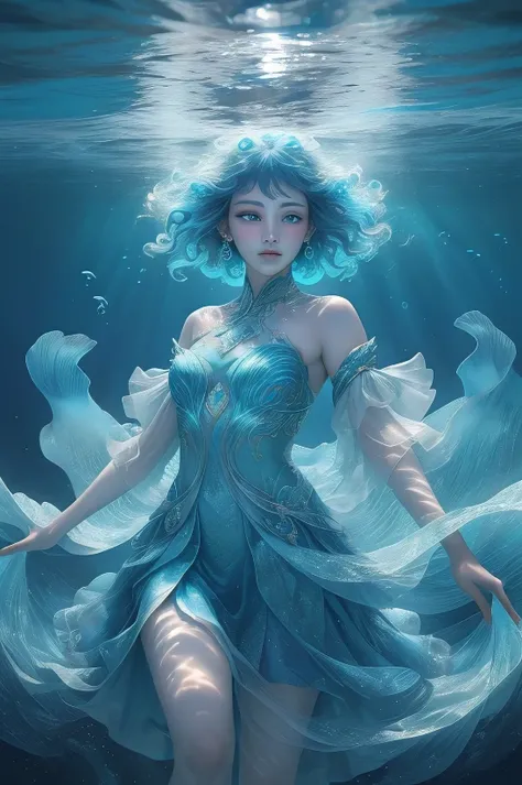 In the depths of the enchanting underwater world, a radiant 8K image unfolds, illuminating the ethereal beauty of a solitary girl with blue cascading waves framing her. Her high-colored, gorgeous features reflect an unparalleled youth, as her pout adds a p...