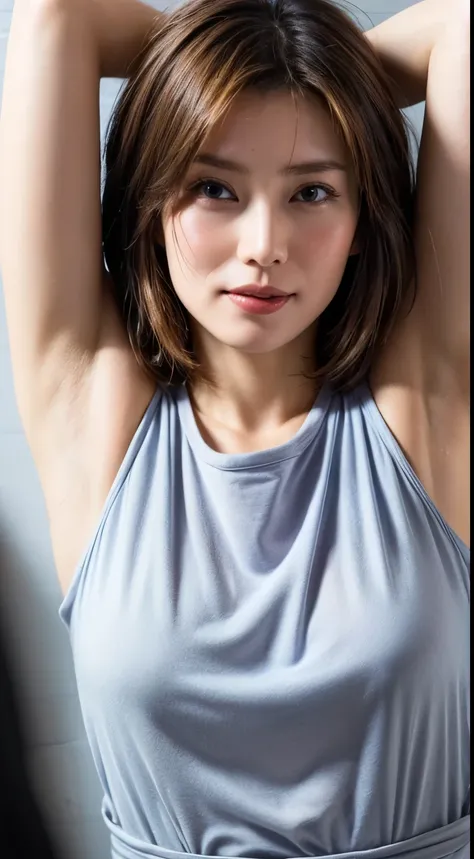 (Ultra HD、Ultra-high resolution、8k、Japanese Housewife、In the kitchen)、Attention in the armpits、((Look Viewer:1.8))、(Extremely realistic skin texture:1.4)、(Realistic:1.3)、short hair、(smile:0.4)、(blonde:1.3)、40-year-old woman、Ponytail hairstyle、(Lift one arm...