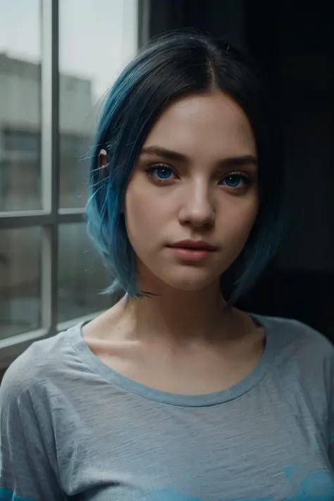 wearing cute black tshirt, portrait, beautiful face, light blue hair, beautiful eyes, open eyes, hyper realistic, realistic texture, natural lighting, unreal engine, trend in artstation, cinestill 800