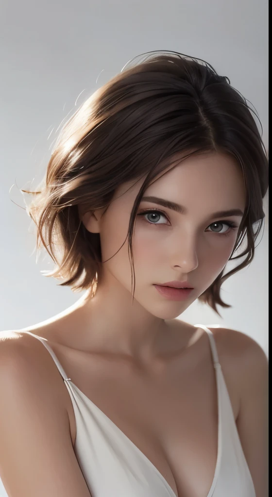 8K uhd、RAWphotograph、モデルphotograph撮影、 European race、(masterpiece、highest quality、Photorealistic、High resolution、photograph:1.3)、Close-up、Focusing、Hot Model、slim、30 year old mature woman、Small face、No makeup、Short Hair、Dark Brown Hair、Fine beautiful eyes、Re...