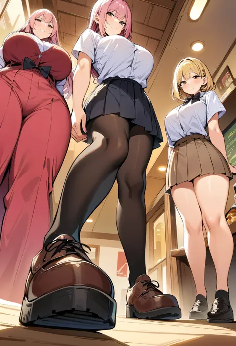 view from ground，(from bottom,from below:1.5),full body, masterpiece, best quality, highres, JK,huge tit,3girls,black bow,black bowtie,blonde hair,bow,bowtie,breasts,hair bun,long hair,looking at viewer,multiple girls,pink hair,pleated skirt,shirt tucked i...