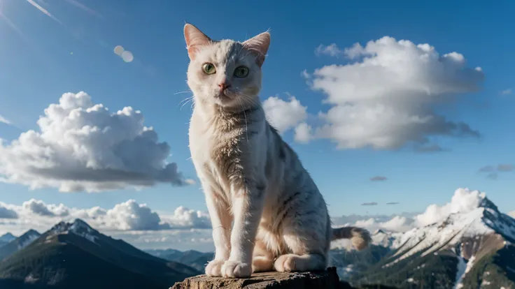 White cute cat on clouds looking at mountains 