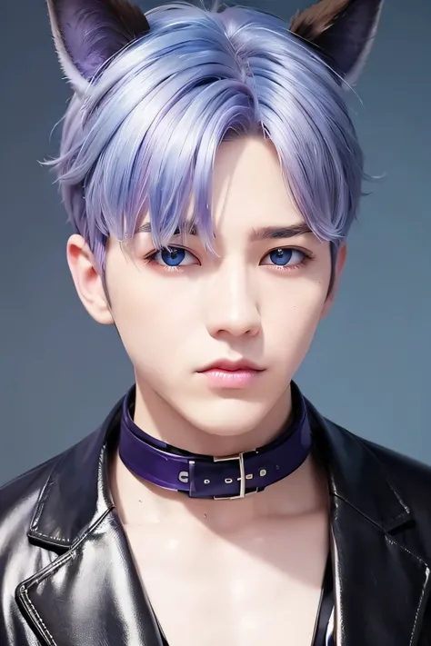 １male、creating aesthetics、highest quality、masterpiece、8k、blurred feeling、realistic skin、(head shot:1.45)、(light blue and purple ...