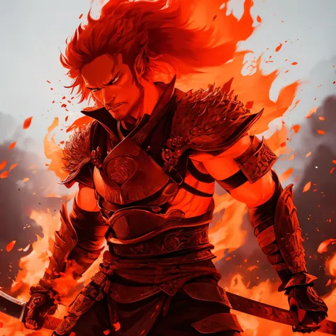 Ifrit, samurai, with long orange red hair 