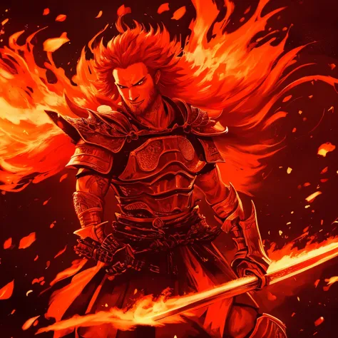 Ifrit, samurai, with long orange red hair 