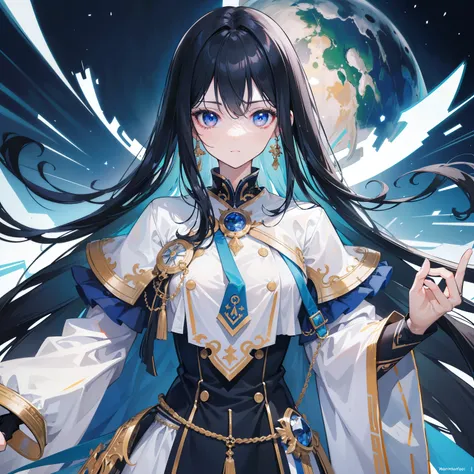 girl,Long Black Hair, The inside of the hair is blue、Iris,White coat,uniform、masterpiece, highest quality, Super detailed, Downcast eyes,Tabletop, highest quality), (Perfect athletic body:1.2),8K High Resolution, Trend Art Station, White Background, Standi...