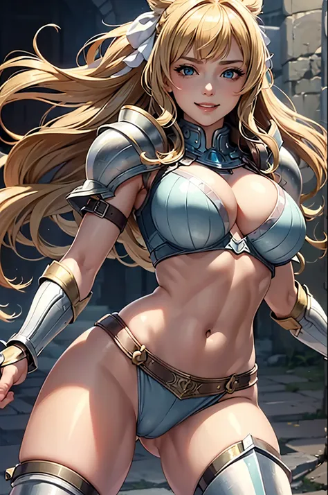 (masterpiece), best quality, expressive eyes, perfect face, toned body, armored legwear, vambraces, bikini armor, hair bow, charlotte, smile, large breasts, cleavage, simple background, exposed midriff, thong