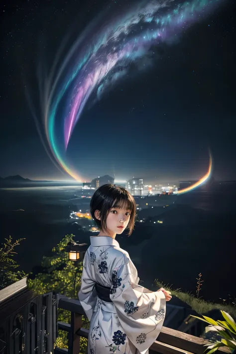 a 15-year-old japanese girl stands gazing at the night sky、slender、wearing a black yukata。white medium short hair。the yukata has...