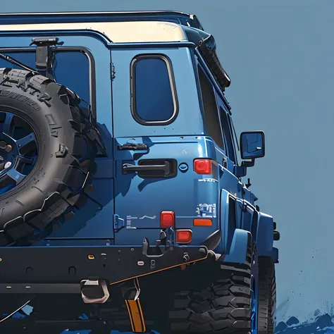 There is a blue jeep，There is a tire at the back, Highly detailed vector art, detailed 2d illustration, low detail. Digital Painting, Digital Painting highly detailed, highly detailed Digital Painting, Vehicle illustration, Detailed digital illustration, v...