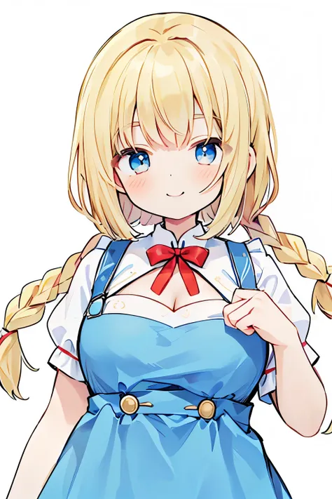 (top-quality、8K、32K、​masterpiece、nffsw:1.2)、Photo of blonde blue-eyed woman with cute smile、pinafore、((Single braid：2))、The upper part of the body、simple background、Look around、A smile、from the front side、Large Breasts、Cleavage、smile、