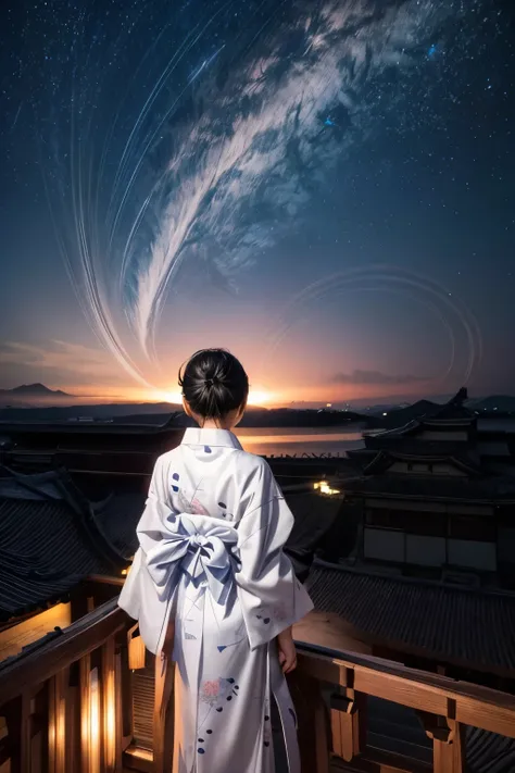 A 15-year-old Japanese girl stands gazing at the night sky、Slender、wearing a black yukata。White medium short hair。The yukata has a white rabbit design。Highest quality。Pose in the back。