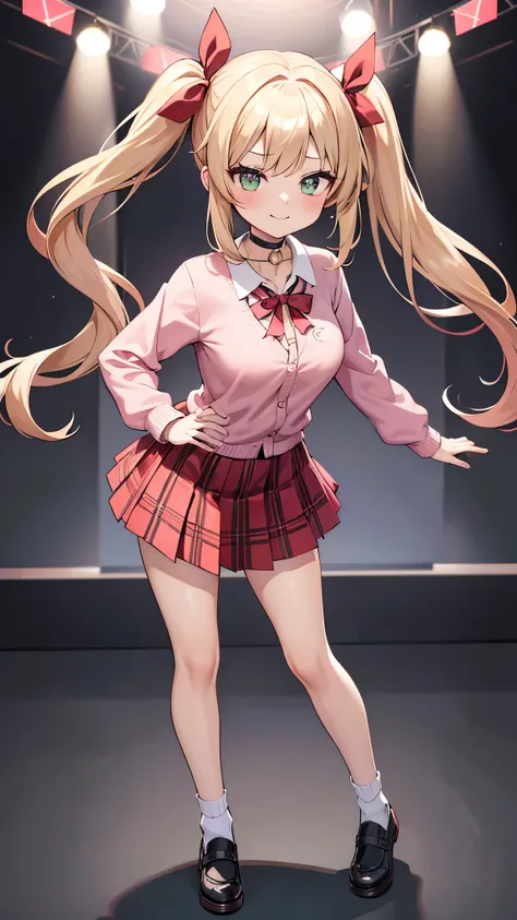 One girl, 前hair, black_choker, Sloud Ankle Socks, red bow, red_ribbon, plininum blonde_hair, green_eye, red面, good, Large Breasts, choker, clavicle, collared_shirt, full_body, gray_background, hair_ribbon, length_hair, Twin tails, hair ribbon, Looking_in_A...