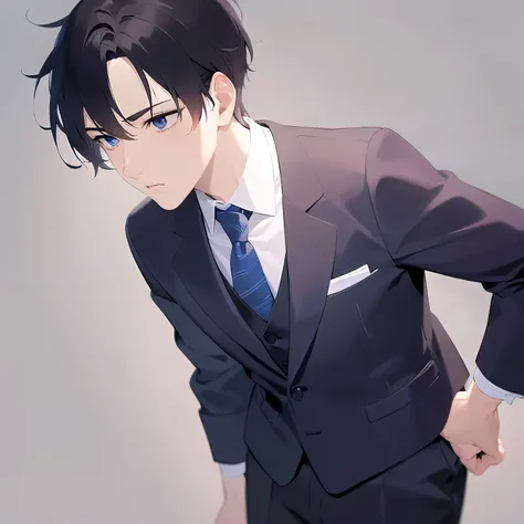 side angle, (looking away:1.5), masterpiece、highest quality、(25-year-old male:1.5) and (Black short hair) and (blue eyes), (Wearing a suit:1.5) and (White collared shirt) and (Blue tie)、Are standing、Bad mood、The background is the office、(Alone:1.5)
