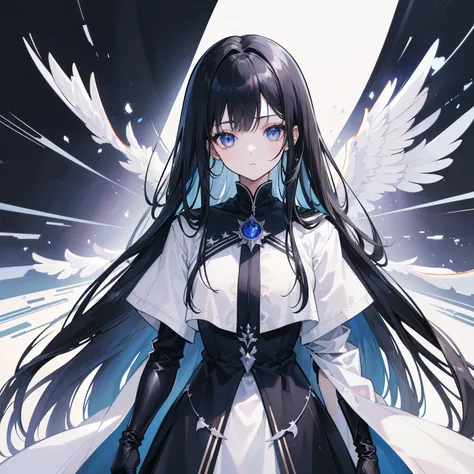 girl,Long Black Hair, The inside of the hair is blue、Iris,White coat,uniform、masterpiece, highest quality, Super detailed, Downcast eyes,Tabletop, highest quality), (Perfect athletic body:1.2),8K High Resolution, Trend Art Station, White Background, Standi...