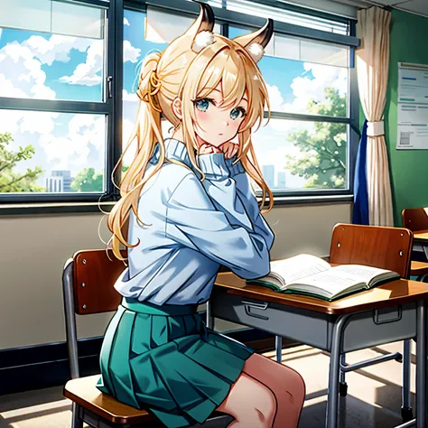 1. **Theme**: A scene in a school classroom where a female student is sitting at her desk, looking out the window with a thoughtful expression. 2. **Number of Characters**: One. 3. **Worldview**: A blend of anime and manga depicting everyday school life. 4...