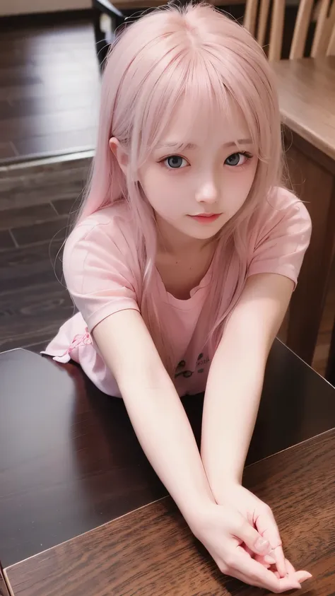 Be a pink-skinned girl, Beautiful Eyes (Red eyes) Deep as the night sky, laying on a table,smile, Gray Hair, I&#39;m watching you,Accurate Arm,Accurate Fingers