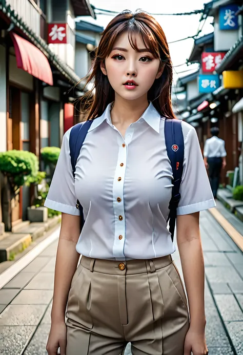 (((realistic photography))),, portrait, (afraid face:1.3),, beautiful girl, looking at viewer, , (school uniform:1.2), shirt buttoned and trousers, , (busty cleavage:1),, in the japan street, (environment details:1.3),, (RAW Photo, cg unity, photography, u...