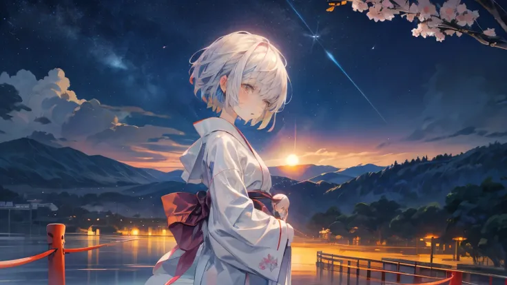 A 17-year-old Japanese girl standing and gazing at the night sky、Slender、wearing a black yukata。White medium short hair。The yukata has a white rabbit design。Highest quality。Pose in the back。