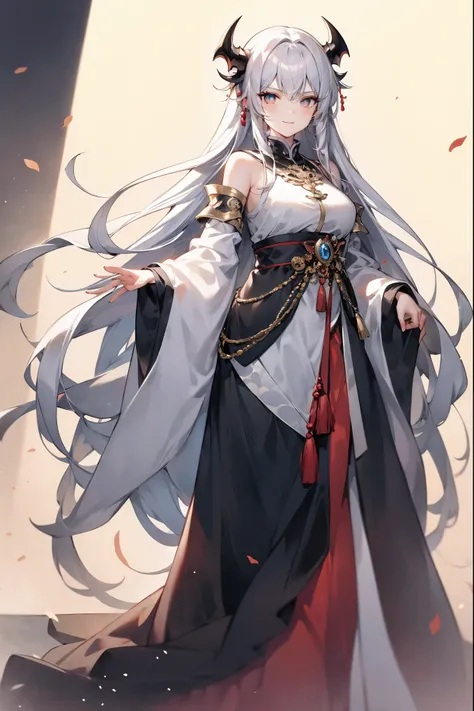 (masterpiece)，(Highest quality)，(Best details)，(High Definition)，(Beautiful works)，(Full body picture)，Chinese fantasy style，1girl,((white hair))，Black eyes，((White clothes))，(((Villain image))),((Beautiful clear eyes)),(Sinister smile)