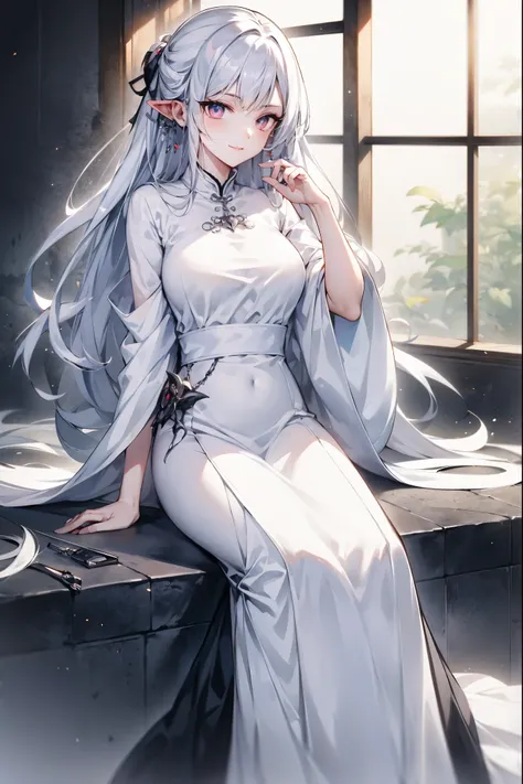 (masterpiece)，(Highest quality)，(Best details)，(High Definition)，(Beautiful works)，(Full body picture)，Chinese fantasy style，1girl,((white hair))，Black eyes，((White clothes))，(((Villain image))),((Beautiful clear eyes)),(Sinister smile)