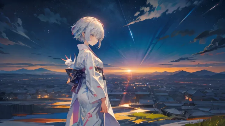 A 17-year-old Japanese girl standing and gazing at the night sky、Slender、wearing a black yukata。White medium short hair。The yukata has a white rabbit design。Highest quality。Pose in the back。