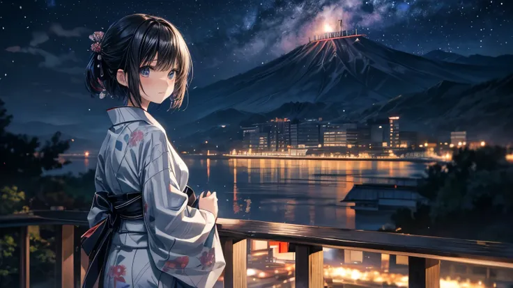 A 17-year-old Japanese girl standing and gazing at the night sky、Slender、wearing a black yukata。White medium short hair。The yukata has a white rabbit design。Highest quality。Pose in the back。