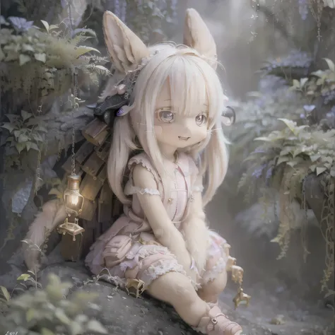 in the garden, Smiling Girl, Similar to Nanachi from Made in Abyss. She is beautiful, Beautiful eyes and lips. girl (((Chibi Style,))) . The image quality is of the highest quality, Highly detailed and realistic features. The medium of this work is、Combini...