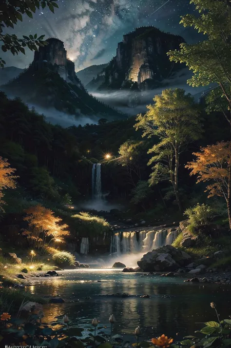 masterpiece, best quality landscape, dramatic lighting, intricate details, sharp focus, 16k, professional illustration, luminous tall flowers, magical glowing orange forest, waterfall, glistening stream, fantasy, starry night, dusty light rays, lit mountai...