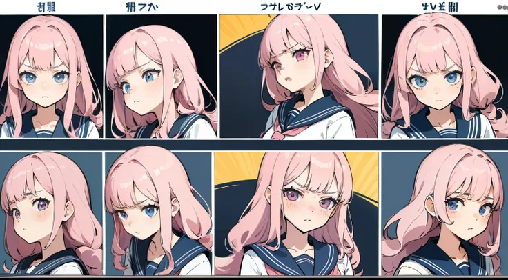 ((masterpiece, highest quality)), Detailed face, Character Sheet, whole body, Full of details, Various poses and expressions, Very detailed, depth, Many parts, One girl, , seifuku, Sailor suit, Long sleeve, Pink Hair, Wavy Hair, Long Hair, Blunt bangs, Tsu...