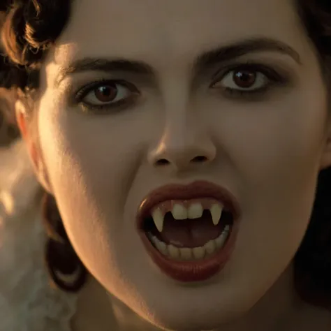 cinematic film still of  closeup, 15th-century 17 a vampire woman with a creepy look on her face with big open vampire mouth and...