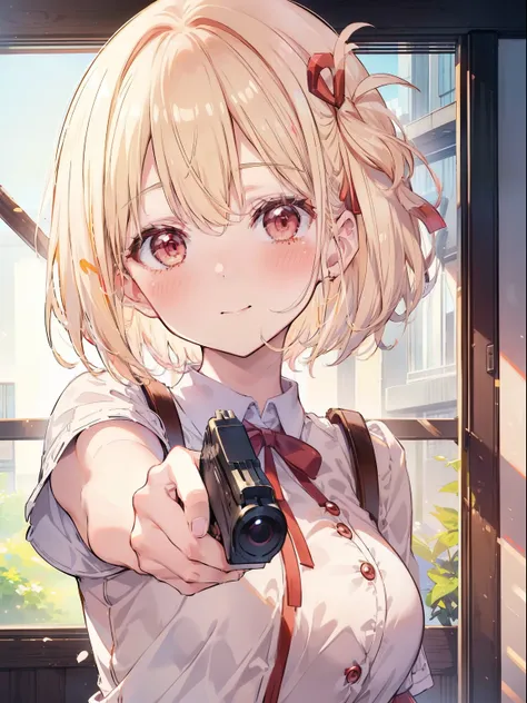 Chisato Nishikigi、Good looking girl (Short blonde hair with square bangs, Big Red Eyes, Red ribbon,blush, Perfect Face), independent , looking at the camera, masterpiece, Anime art style, Cute Characters, Most detailed, high quality、Nico Nico Smile、have a ...