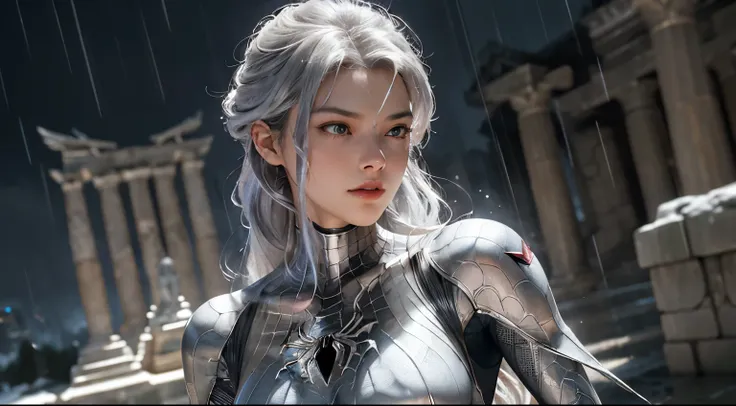 (Extreme Detail CG Unity 8K wallpaper, masterpiece, highest quality), (Exquisite lighting and shadow, highly dramatic picture, Cinematic lens effect), a beautiful girl in a white Spider-Man costume, silver gray hair color, long hair, from the Spider-Man pa...