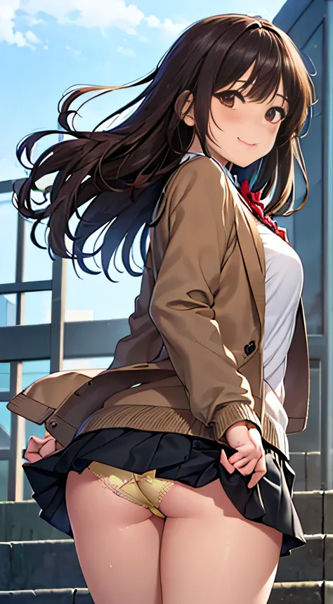 ((Tabletop, highest quality, High resolution, Hmph, Perfect Pixel,  4K, Hmph, Hmph))), One Girl, single, alone, Beauty、The whole body is visible、 ((Mid-wave hair, bangs, Brown Hair)), ((Brown eyes, Beautiful eyelashes, Realistic eyes)), ((Detailed face, Bl...