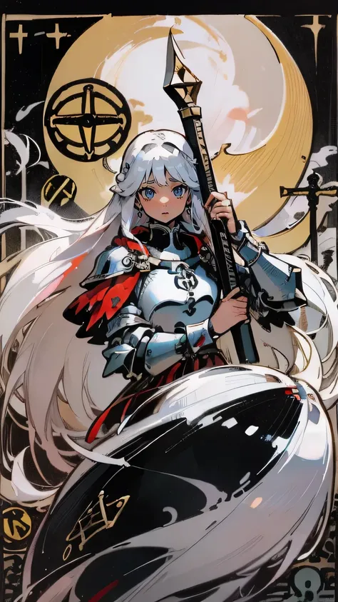 (Masterpiece, Best quality;1.3),(tarot cards:1.2), 1female,female-focus,long  white hair, Young, Beautiful face, crusader, Black armor,Solo, view the viewer, calligraphy characters, symetrical composition, long shadow, cloody moon,blood splattere, Ultra de...