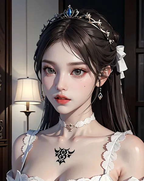 Game Art，CG Animation，Best image quality，Maximum resolution，8k，(Half-body photo)，(Portraiture)，(Head close-up)，(Three-part method)，Unreal Engine 5 Rendering，20-year-old girl，((Queen))，The eyes are very detailed，(Large Breasts)，Elegant and noble，Cinema Ligh...