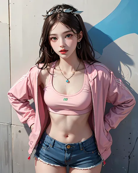 (masterpiece, highest quality, 1 girl, alone, Intricate details, chromatic aberration), Realistic, ((Medium breath)),Long Hair, Redhead, red ornament on head, pink highlights, Amber Eyes, Earrings, Sharp eyes, necklace, Neon Shirt, Torn shorts, Unbuttoned ...