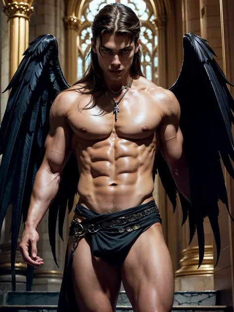 (extremely detailed 8k wallpaper), a medium shot shot of a young male model, masculine features, blue eyes, brown hair, strong jawline, fit body, which tall, full body, prince aesthetic, gothic architecture, shirtless, soft lighting, beauty lighting , huge...