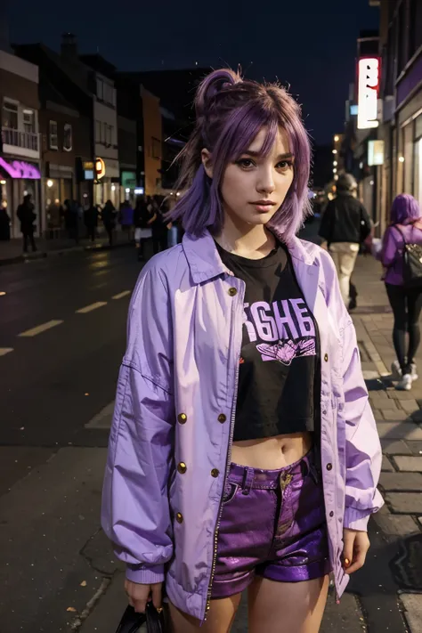 Girl with purple hair highlights wears bright street style outfit
