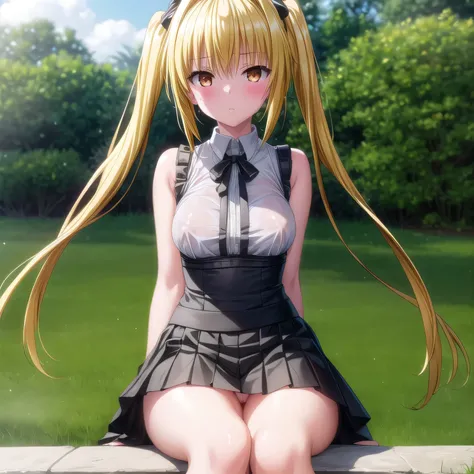 realistically, golden eyes, twintail, glowing eyes, golden hair, white short skirt, extra short skirt, Blush, daytime, Wet, see through, sleeveless shirt, nipples, pussy, embarrass, Sit with your knees raised, windy, yami, the skirt is turned up, highest q...